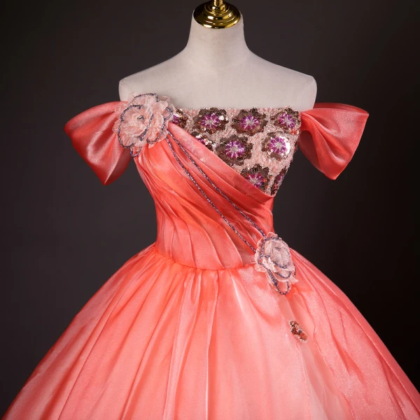 Elegant Watermelon Beading Appliques Sequins Prom Dresses 2024 Ball Gown Off-The-Shoulder Sleeveless Backless Floor-Length / Long Prom Formal Dresses