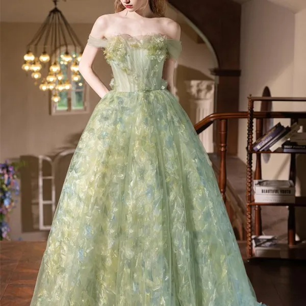 Flower Fairy Sage Green Appliques A-Line / Princess Prom Dresses 2025 Strapless Sleeveless Backless Floor-Length / Long Prom Formal Dresses