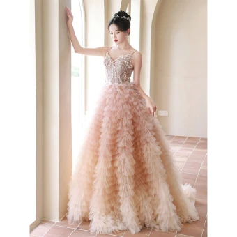 Sexy Rougissant Rose Perlage Paillettes Appliques Volants En Cascade Robe De Soirée 2023 Princesse Bretelles Spaghetti Sans Manches Dos Nu Train De Balayage Soirée Robe De Ceremonie