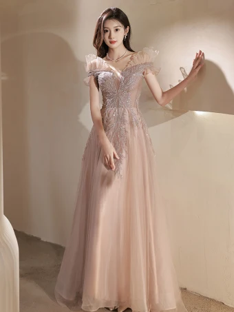 Charmant Rougissant Rose Perlage Paillettes Robe De Soirée 2023 Princesse De L Épaule Manches Courtes Dos Nu Longue Soirée Robe De Ceremonie