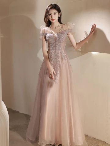 Charmant Rougissant Rose Perlage Paillettes Robe De Soirée 2023 Princesse De L Épaule Manches Courtes Dos Nu Longue Soirée Robe De Ceremonie
