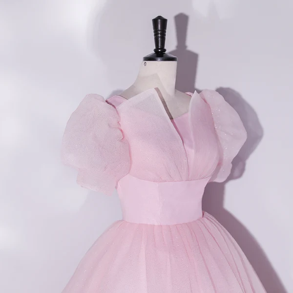 Elegant Blushing Pink Prom Dresses Ball Gown 2022 Scoop Neck Puffy Short Sleeve Backless Floor-Length / Long Prom Formal Dresses