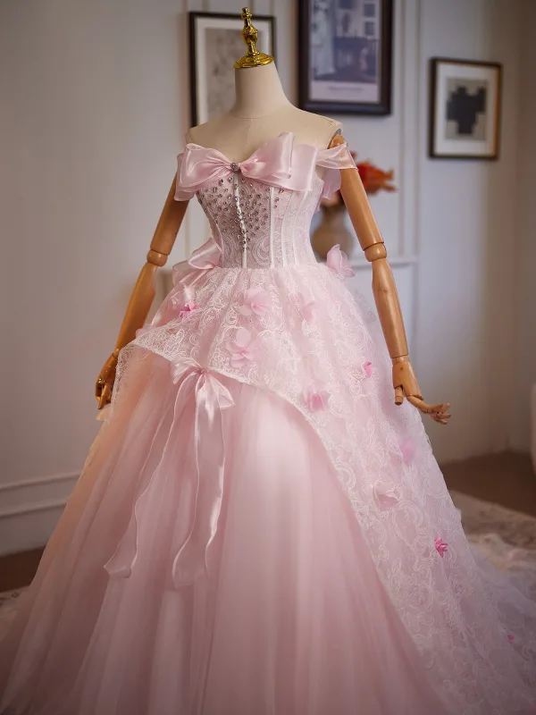 Lovely Blushing Pink Rhinestone Lace Flower Appliques Prom Dresses 2025 Ball Gown Strapless Bow Sleeveless Backless Floor-Length / Long Formal Dresses