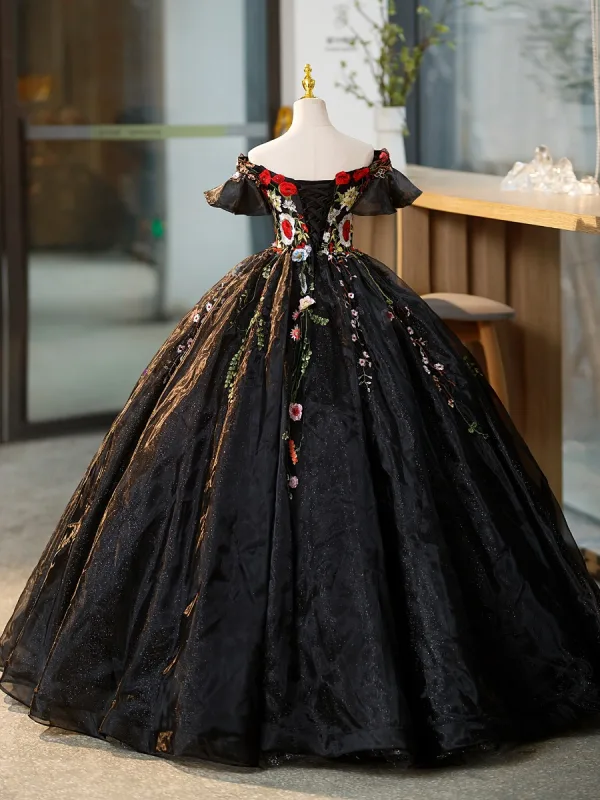 Flower Fairy Black Appliques Lace Flower Glitter Prom Dresses 2023 Off-The-Shoulder Short Sleeve Backless Floor-Length / Long Formal Dresses