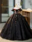 Flower Fairy Black Appliques Lace Flower Glitter Prom Dresses 2023 Off-The-Shoulder Short Sleeve Backless Floor-Length / Long Formal Dresses