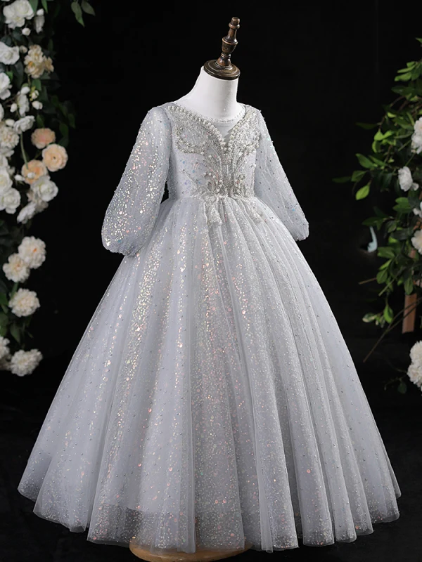 Charming Grey Beading Pearl Sequins Birthday Flower Girl Dresses 2024 Ball Gown Scoop Neck 3/4 Sleeve Backless Floor-Length / Long