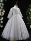 Charming Grey Beading Pearl Sequins Birthday Flower Girl Dresses 2024 Ball Gown Scoop Neck 3/4 Sleeve Backless Floor-Length / Long