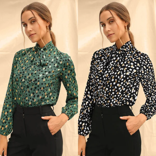 Elegant Green Printing Floral Chiffon Women Blouses 2021 Loose High Neck Work Street Wear Fall Spring Long Sleeve Tops