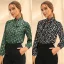 Elegant Green Printing Floral Chiffon Women Blouses 2021 Loose High Neck Work Street Wear Fall Spring Long Sleeve Tops