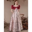 Fashion Burgundy Satin Printing Prom Dresses 2023 A-Line / Princess Square Neckline Bow Short Sleeve Backless Floor-Length / Long Prom Formal Dresses