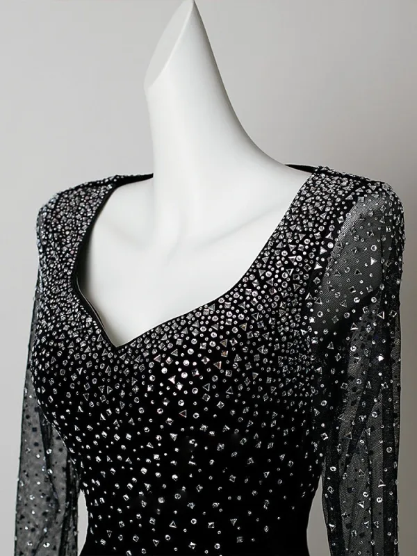 Sexy Black Sequins Evening Dresses 2026 Trumpet / Mermaid V-Neck Long Sleeve Floor-Length / Long Formal Dresses