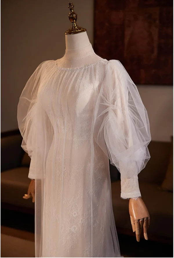 Muslim Modest / Simple White Trumpet / Mermaid Wedding Dresses 2024 High Neck Long Sleeve Floor-Length / Long Wedding