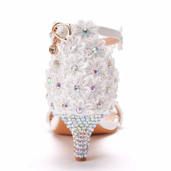 Sexy Charmant Weiß Strass Spitze Blumen Brautschuhe 2022 Knöchelriemen 5 cm Stilettos Peeptoes Hochzeit Sandaletten Hochhackige