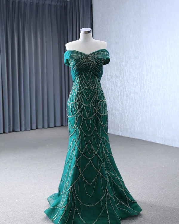 High-end Burgundy Handmade  Beading Evening Dresses 2024 Trumpet / Mermaid Off-The-Shoulder Short Sleeve Backless Court Train Evening Party Formal Dresses