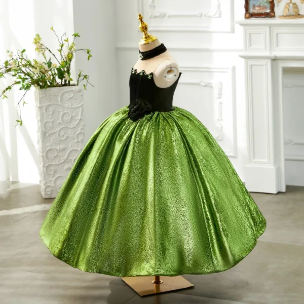 Élégant Vert Faux Diamant Glitter Anniversaire Robe Ceremonie Fille 2024 Robe Boule Col Haut Sans Manches Dos Nu Longue