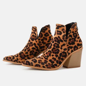 Fashion Brown Fall Winter Leopard Print Womens Boots 2023 Street Wear 8 Cm Thick Heels Pointed Toe Boots High Heels