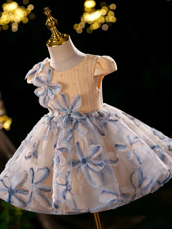 Fashion Champagne Pearl Flower Short Flower Girl Dresses 2024 Ball Gown Birthday Scoop Neck Cap Sleeves