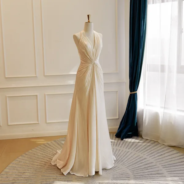 Fashion Sexy Ivory Evening Dresses 2026 A-Line / Princess Halter Sleeveless Backless Floor-Length / Long Formal Dresses