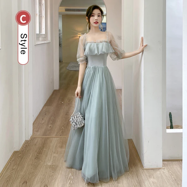 Simple Vert Cendré Robe Demoiselle D'honneur 2022 Princesse Encolure Carrée Manches Courtes Dos Nu Longue Demoiselle D'honneur Robe De Ceremonie
