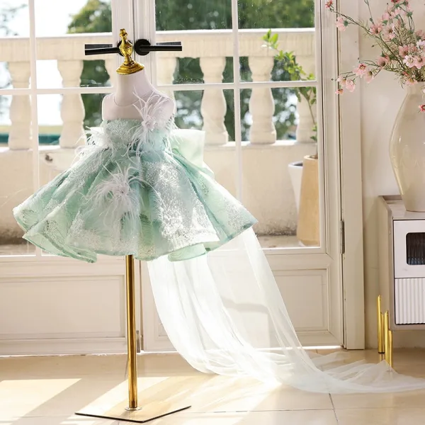 Chic / Beautiful Sage Green Beading Sequins Tassel Bow Birthday Flower Girl Dresses 2025 Ball Gown Scoop Neck Sleeveless Floor-Length / Long