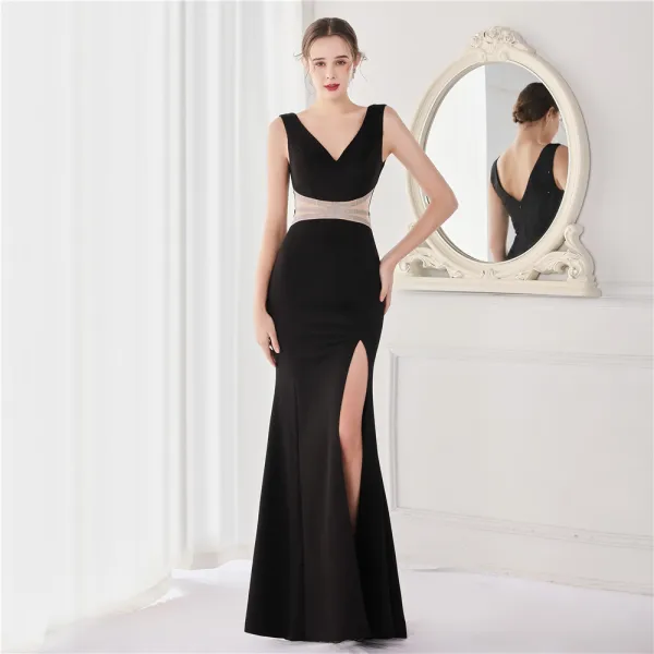 Chic / Beautiful White Satin Evening Dresses 2022 Trumpet / Mermaid V-Neck Sleeveless Backless Rhinestone Split Front Floor-Length / Long Evening Party Formal Dresses