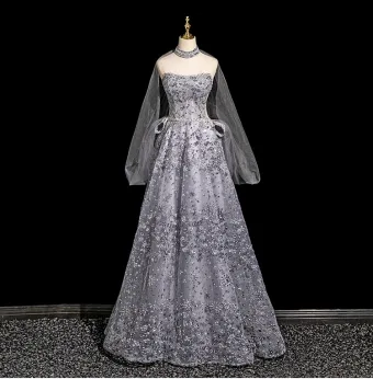 Glamorous Grey Beading Pearl Glitter Sequins Evening Dresses 2025 A Line Princess Strapless Sleeveless Backless Floor Length Long Evening Party Formal Dresses
