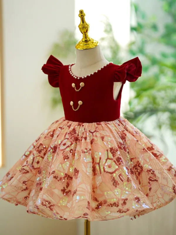 Chic / Beautiful Burgundy Pearl Sequins Short Flower Girl Dresses 2023 Ball Gown Birthday Scoop Neck Sleeveless Backless