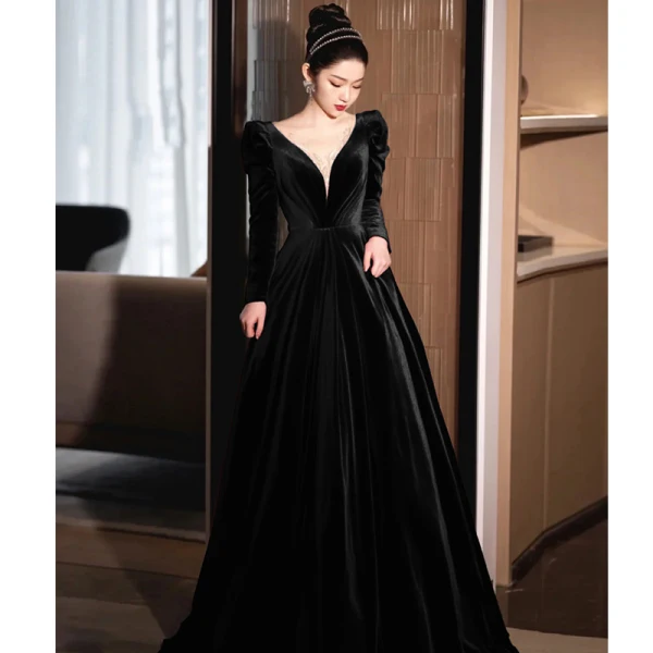 Elegant Burgundy Suede Prom Dresses 2024 A-Line / Princess V-Neck Long Sleeve Backless Floor-Length / Long Prom Formal Dresses