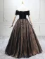 Vintage / Retro Black Gold Ball Gown Prom Dresses 2025 Off-The-Shoulder Short Sleeve Backless Floor-Length / Long Prom Formal Dresses