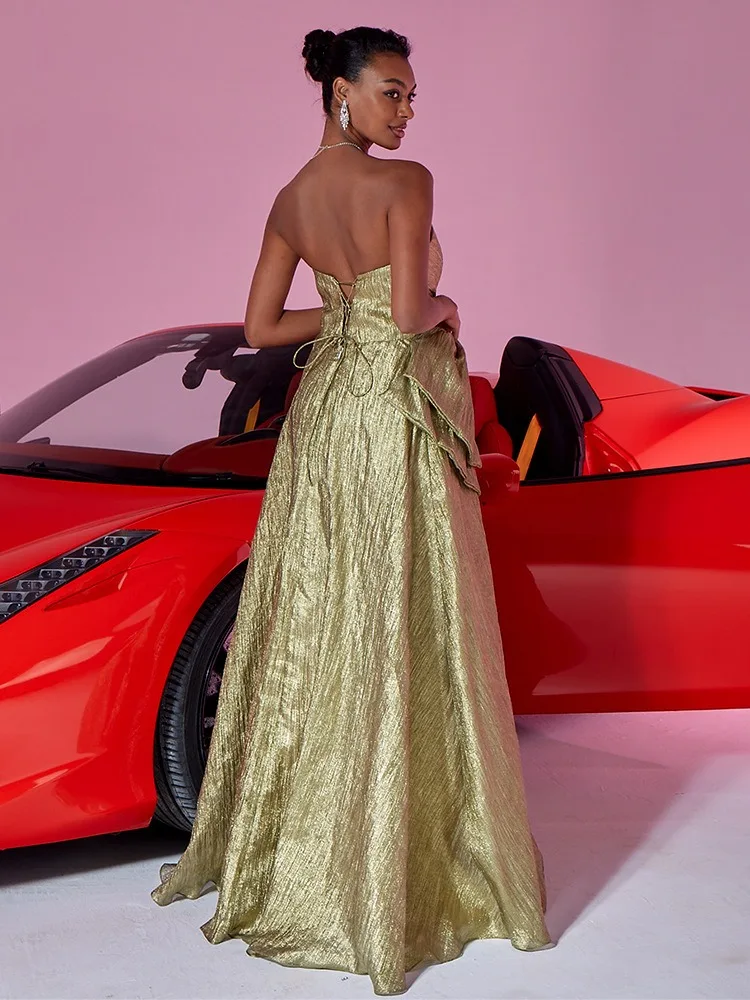 Sexy Gold Prom Dresses 2025 A-Line Princess Strapless Bow Sleeveless Backless Long