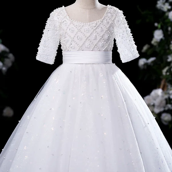 Elegant White Pearl Sequins Evening Party Flower Girl Dresses 2022 Ball Gown Scoop Neck Short Sleeve Sash Floor-Length / Long Flower Girl Dresses
