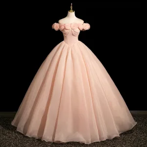 Vintage Rødmende Rosa Perle Appliques Ballkjoler 2025 Ballkjole Av Skulderen Uten Ermer Ryggløse Lange Ball Formelle Kjoler