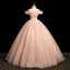 Vintage / Retro Blushing Pink Pearl Appliques Prom Dresses 2025 Ball Gown Off-The-Shoulder Sleeveless Backless Floor-Length / Long Prom Formal Dresses