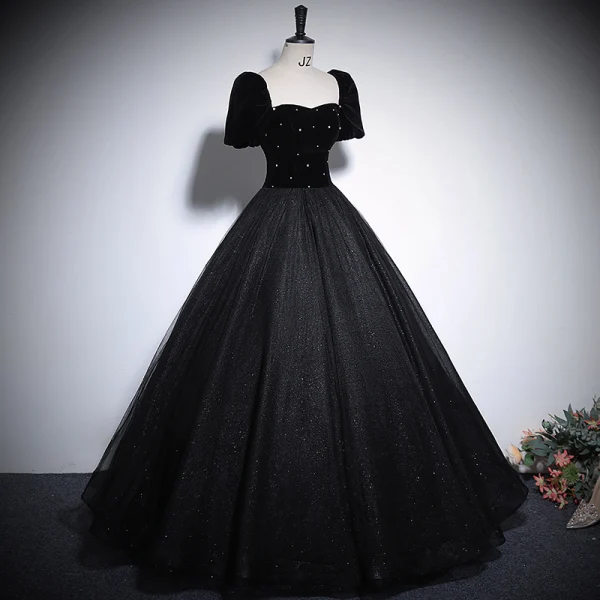 Audrey Hepburn Style Black Glitter Rhinestone Prom Dresses 2024 Ball Gown Square Neckline Short Sleeve Backless Floor-Length / Long Prom Formal Dresses