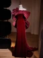 Elegant Burgundy Flower Velvet Prom Dresses 2024 Trumpet / Mermaid Off-The-Shoulder Short Sleeve Backless Bow Sweep Train Prom Formal Dresses