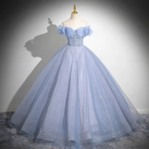 Bling Bling Bleu Ciel Glitter Perlage Perle Robe De Bal 2024 Robe Boule De L Épaule Manches Courtes Dos Nu Longue Promo Robe De Ceremonie