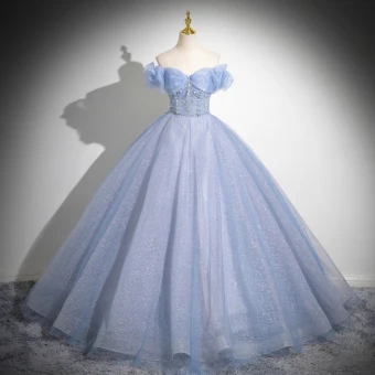 Bling Bling Bleu Ciel Glitter Perlage Perle Robe De Bal 2024 Robe Boule De L Épaule Manches Courtes Dos Nu Longue Promo Robe De Ceremonie
