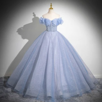 Bling Bling Bleu Ciel Glitter Perlage Perle Robe De Bal 2024 Robe Boule De L Épaule Manches Courtes Dos Nu Longue Promo Robe De Ceremonie