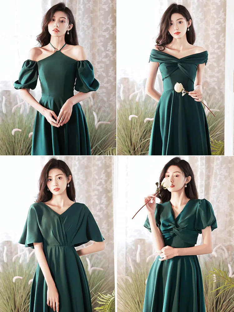 Modest Simple Dark Green Satin Bridesmaid Dresses 2022 A-Line Princess Short Sleeve Long