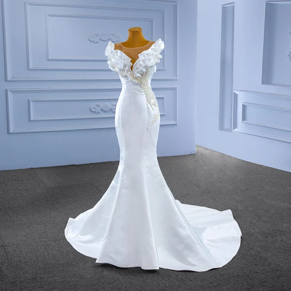 High-end White Beading Pearl Satin Wedding Dresses 2022 Trumpet / Mermaid Ruffle Scoop Neck Sleeveless Floor-Length / Long Wedding
