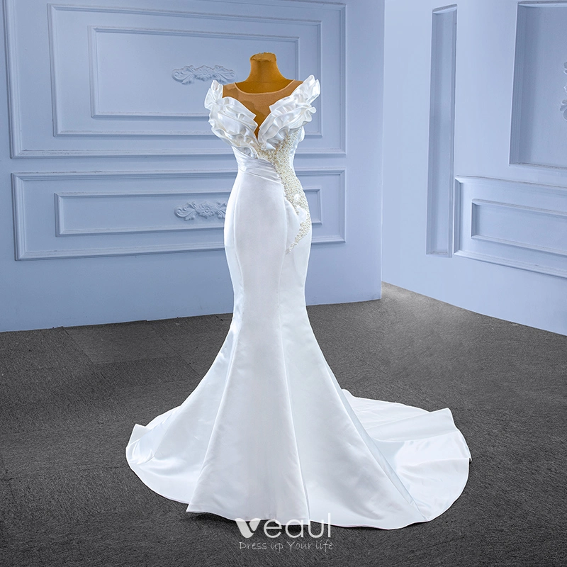 High End White Beading Pearl Satin Wedding Dresses 2022 Trumpet Mermaid  Ruffle Scoop Neck Sleeveless Floor Length Long Wedding