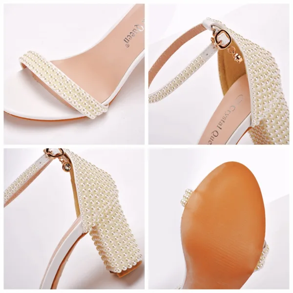 Sexy Beige Perle Chaussure De Mariée 2022 7 cm Talons Épais Peep Toes / Bout Ouvert Mariage Sandales Talons Hauts