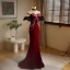 Chic / Beautiful Burgundy Beading Pearl Rhinestone Prom Dresses 2024 Trumpet / Mermaid Off-The-Shoulder Short Sleeve Backless Sweep Train Prom Formal Dresses
