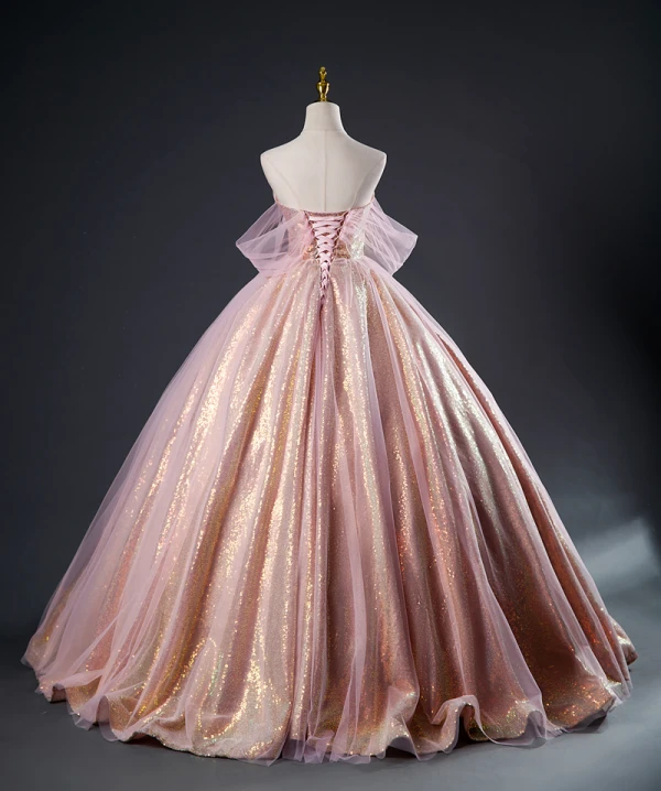 Chic / Beautiful Blushing Pink Glitter Sequins Prom Dresses 2023 Ball Gown Strapless Sleeveless Backless Floor-Length / Long Prom Formal Dresses