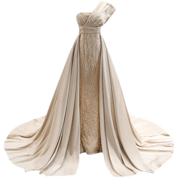 Haut de Gamme Kaki Perlage Paillettes Satin Robe De Soirée 2022 Trompette / Sirène Une épaule Sans Manches Dos Nu Chapel Train Soirée Robe De Ceremonie
