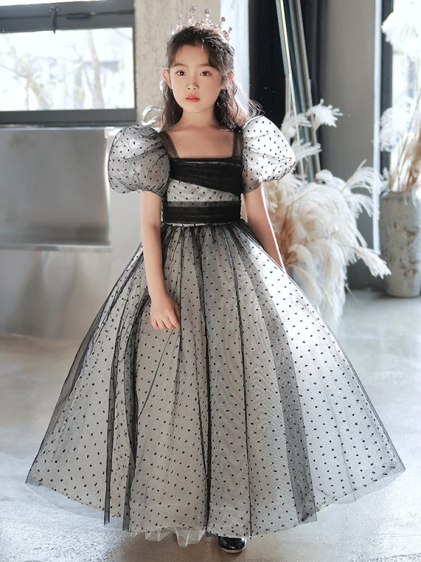 Fashion Black Spotted Evening Party Flower Girl Dresses 2022 A-Line / Princess Square Neckline Puffy Short Sleeve Floor-Length / Long Flower Girl Dresses