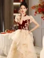 Chinese style Burgundy Beading Lace Flower Cascading Ruffles Prom Dresses 2024 A-Line / Princess High Neck Short Sleeve Floor-Length / Long Prom Formal Dresses