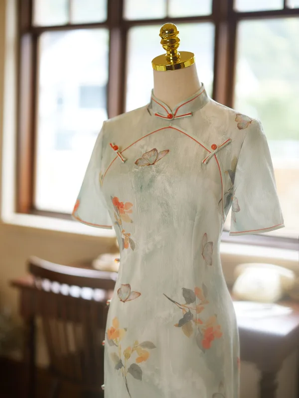 Chinese style Sage Green Butterfly Printing Split Front Cheongsam 2024 Trumpet / Mermaid High Neck Short Sleeve Prom Floor-Length / Long