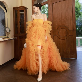 Charming Orange Pleated Evening Dresses 2023 A Line Princess Off The Shoulder Short Sleeve Backless Sweep Train Evening Party Formal Dresses