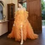 Charming Orange Pleated Evening Dresses 2023 A-Line / Princess Off-The-Shoulder Short Sleeve Backless Sweep Train Evening Party Formal Dresses